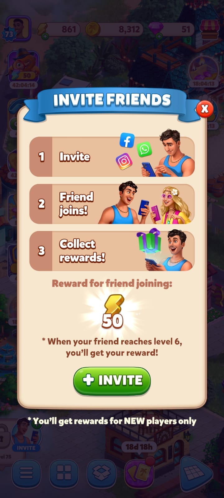 Invite Friends to Travel Town and Earn Energy