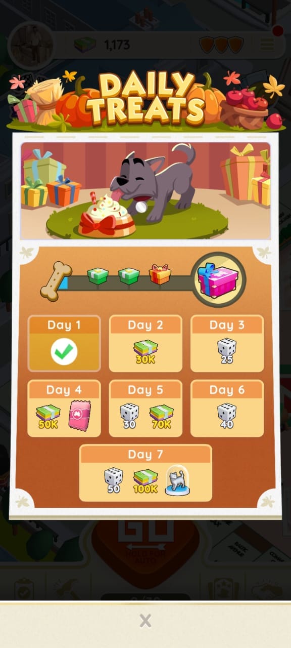 Monopoly GO Daily Treats section with weekly login rewards including cash, dice rolls, and bonus gifts.