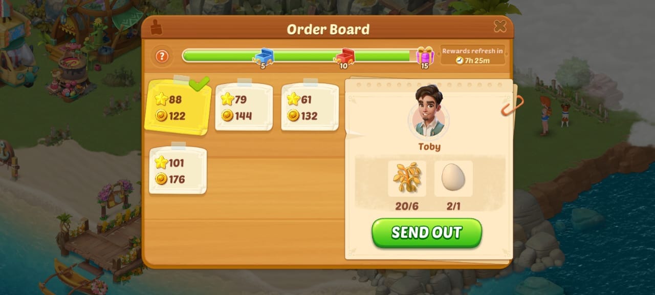 Family Farm Adventure order board showing daily tasks and rewards.